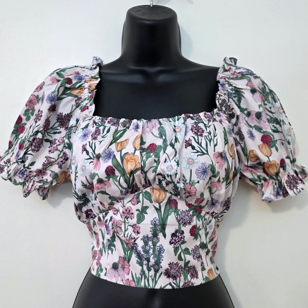 Cider Floral Puff Sleeve Milkmaid Crop Top Sz S Tie Back Bow Cottage Coquette